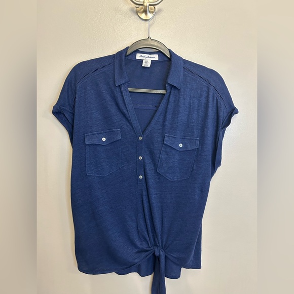 Tommy Bahama Top 100% linen Knit Pullover Tie Front Blue Short Sleeve size S - Picture 1 of 13